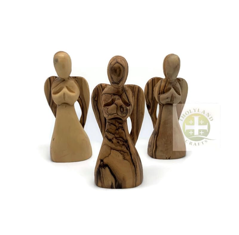 Praying Angel Figurine, Olive Wood Guardian Angel Figurine Handmade in the Holy Land, Angel Decorations for Home, Encouragement Present, Angel for Sympathy Gift, Remembrance Angel Statue