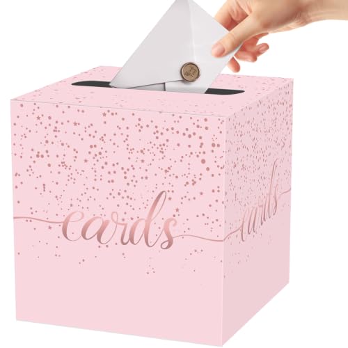 Pink and Rose Gold Card Box for Party, Baby Shower, Graduation | Box for Cards, Envelope, Raffle Ticket, Ballot, Money Receiving; 8.7 x 8.7 x 8.7 Inch Gift Card Box for Grad Party Decoration - color: Rose Gold Polka Dot