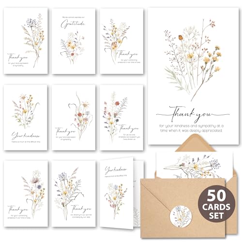 50 Pcs Funeral Thank You Cards with Envelopes Message Inside and Matching Stickers - Bulk 4×6 Watercolor Boho Wildflower Bereavement Thank You Cards for Funeral - Sympathy Thank You with Message Card | Watercolor Boho Wildflower Bereavement Greeting Notes