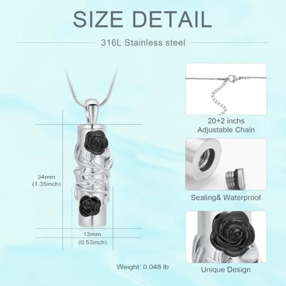 Cylinder Urn Necklace for Ashes Roseflower Cremation Jewelry Urn Ashes Necklace for Women Men Memorial Keepsake Necklace of Loved One - color: Silver-Black