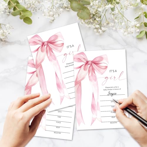 Pink Bow Baby Shower Invitations for Girls, Baby Announcement Invite Cards, 25 Set of Fill-in Baby Shower Invites with Envelopes, Gender Reveal Party Supplies -B03 - color: Pink Bow-02