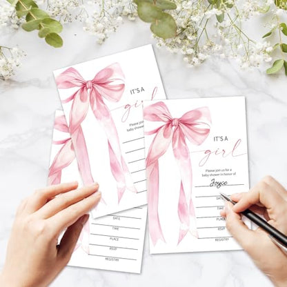 Pink Bow Baby Shower Invitations for Girls, Baby Announcement Invite Cards, 25 Set of Fill-in Baby Shower Invites with Envelopes, Gender Reveal Party Supplies -B03 - color: Pink Bow-02