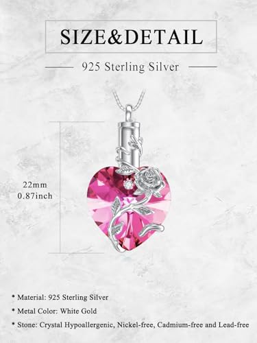 OCJ Heart Rose Flower Urn Necklace for Ashes Women Birthstone Cremation Necklaces Sterling Silver Memorial Cremation Jewelry Gifts - color: 10-Oct-Pink Tourmaline