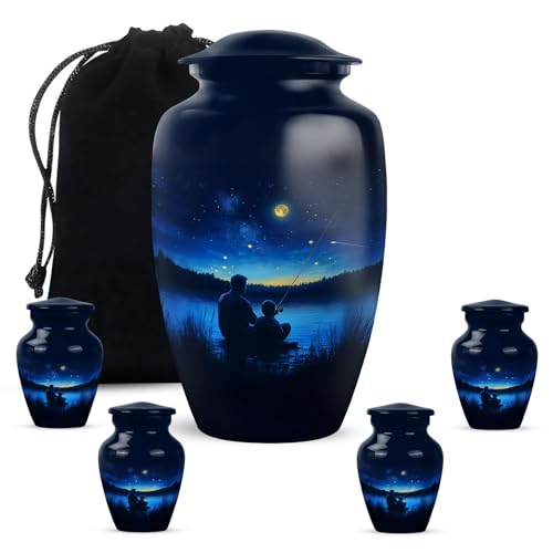 Fisherman Cremation Urns Combo of 5, Blue Outdoor Urn for Men 10 Inch Large | Fishing Keepsake Urns for Adult Male & Female, Burial Ash Holder 3 Inch - color: Fisherman-1, size: 10 Inch Large & 3 Inch Keepsake (5-Piece Set)