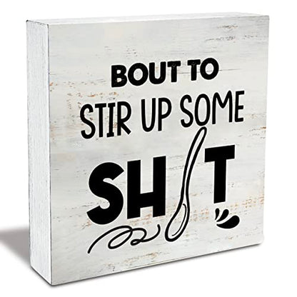 Rustic Bout to Stir up Wood Box Sign Funny Kitchen Wooden Box Sign - color: Natural Wood