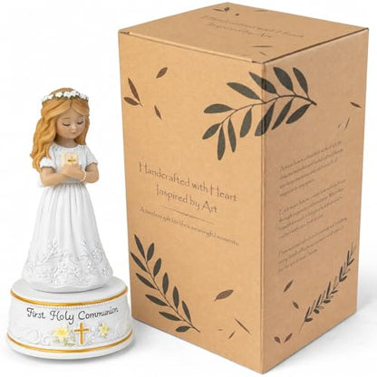 AIDLNS First Holy Communion Gifts for Girls, Plays The Lord's Prayer, Catholic Music Box Keepsake, Hand-Painted Resin White Dress Girl Figurine, Religious Collectible Decor
