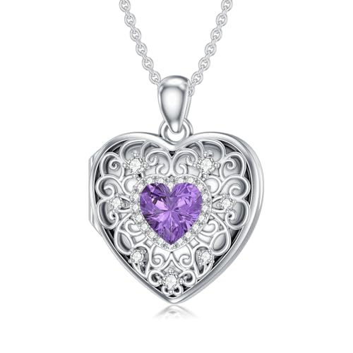 Heart Locket Necklace 925 Sterling Silver Personalized Picture Locket Pendant Birthday Christmas Jewelry Memorial Gifts for Women - color: June Crystal Locket