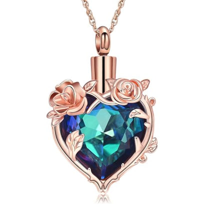 Cremation Jewelry for Ashes Rose Flower Urn Necklace with Crystal Heart Ashes Pendant Butterfly Necklaces for Women Men Memorial Keepsake Jewelry Gift - color: Rose-blue