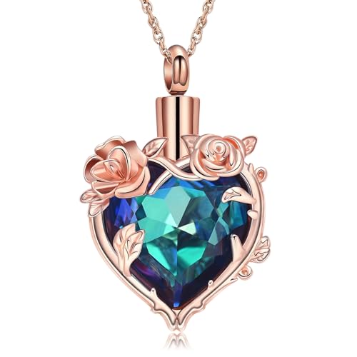 Cremation Jewelry for Ashes Rose Flower Urn Necklace with Crystal Heart Ashes Pendant Butterfly Necklaces for Women Men Memorial Keepsake Jewelry Gift - color: Rose-blue