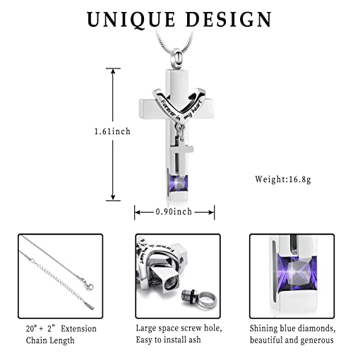 Forever in My Heart Birthstone Personalized Double Cross Urn Pendant Cremation Jewelry for Ashes Cross Ashes Keepsake - color: Silver-Purple