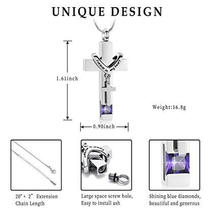 Forever in My Heart Birthstone Personalized Double Cross Urn Pendant Cremation Jewelry for Ashes Cross Ashes Keepsake - color: Silver-Purple