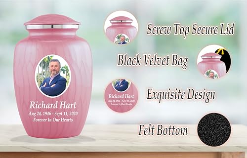 Personalized Photo Cremation Urns for Adult Ashes Male Female - 200lbs Custom Photo Burial Urns for Human Ashes - Engraved Handcrafted Funeral Decorative Urns for Adult with Velvet Bag, Pink Enamel