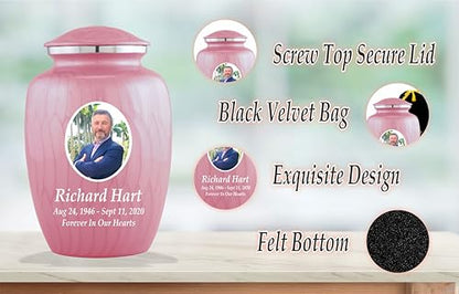 Personalized Photo Cremation Urns for Adult Ashes Male Female - 200lbs Custom Photo Burial Urns for Human Ashes - Engraved Handcrafted Funeral Decorative Urns for Adult with Velvet Bag, Pink Enamel