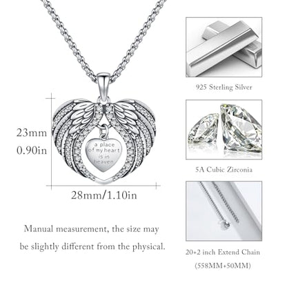 TUGHRA Memorial Necklace for Women Men, Angel Wings Heart Pendant 925 Sterling Silver A Piece of My Heart Is In Heaven Charm Necklace Sympathy Gift - style: 02-Platinum Angel Wings