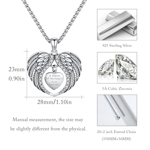 TUGHRA Memorial Necklace for Women Men, Angel Wings Heart Pendant 925 Sterling Silver A Piece of My Heart Is In Heaven Charm Necklace Sympathy Gift - style: 02-Platinum Angel Wings