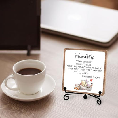 Winnie Friend Gifts for Women Men, Friendship Quotes Decor Keepsake | Heartwarming Appreciation Gifts for Friends, Wooden Sign Iron with Stand Decorations for Home Office Desk Shelf - style: Friendship 02