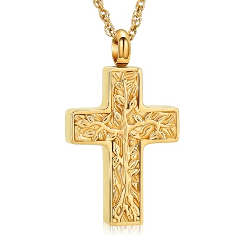 shajwo Tree of Life Cross Cremation Jewelry Urn Necklaces for Ashes | Memorial Ashes Pendant Necklace of Loved One Women Men Ashes Keepsake Necklace - color: Gold