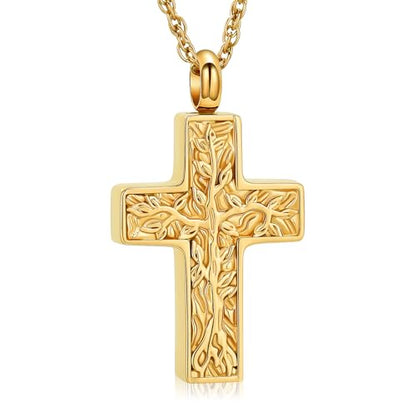 shajwo Tree of Life Cross Cremation Jewelry Urn Necklaces for Ashes | Memorial Ashes Pendant Necklace of Loved One Women Men Ashes Keepsake Necklace - color: Gold
