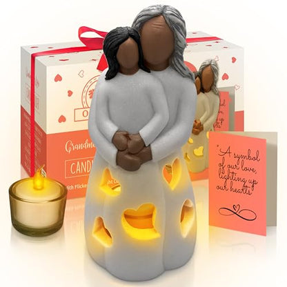 Grandma-Granddaughter Hand-Painted Candle Holder Statue W/Flickering LED Candle | Unique Nana Present Ideas for Christmas, Gigi Grandmother Birthday Gift, Greeting Card Included (Dark) - color: Grandma & Granddaughter (Dark)