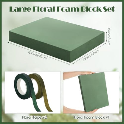Elcoho 1 Pack Large Floral Foam Base 15.7"L x 11.8"W x 2.4"H Floral Foam Block with 2 Floral Tape Wet Dry Floral Foam Brick for Home Wedding Centerpieces Fresh or Artificial Flowers DIY Arts Crafts