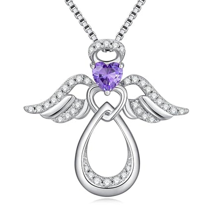 925 Sterling Silver Guardian Angel Pendant Necklace for Women with Birthstone Cubic Zirconia Little Angel Pendant Necklace Jewelry 18 inch Chain - color: 02-Feb-Amethyst