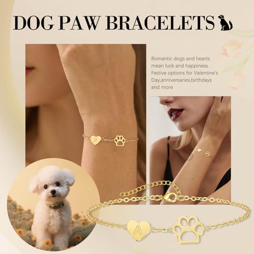 Dog Memorial Gifts for Loss of Dog Paw Initial Bracelet for Women with Heart Dogs Mom Gifts Adjustable Pet Paw Gold Bracelets for Women Memorial Gift for Pet Lover Birthday Jewelry - style: M