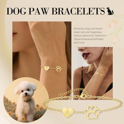 Dog Memorial Gifts for Loss of Dog Paw Initial Bracelet for Women with Heart Dogs Mom Gifts Adjustable Pet Paw Gold Bracelets for Women Memorial Gift for Pet Lover Birthday Jewelry - style: B