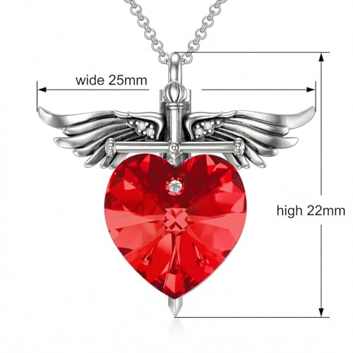 SOULMEET Memorial Wings Necklace for Ashes with Large Heart Crystal Birthstone, Angel Wings Urn Necklaces with Heart Shaped Birthstone Keepsake Silver Cremation Jewelry - style: G-July