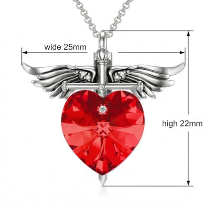 SOULMEET Memorial Wings Necklace for Ashes with Large Heart Crystal Birthstone, Angel Wings Urn Necklaces with Heart Shaped Birthstone Keepsake Silver Cremation Jewelry - style: G-July