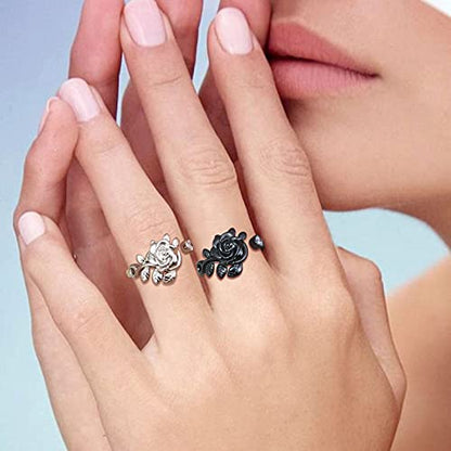 Jewmon Adjustable Flower Rose Ring for Women 925 Sterling Silver/Gold Plated Rose Flower Open Ring Elegant Promise Ring for Women Romantic Jewelry for Birthday Valentine Christmas Day Gifts - color: C,Rose Ring - Black Gold Plated