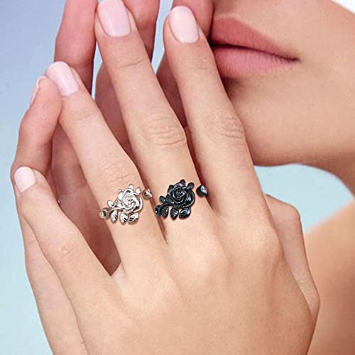 Jewmon Adjustable Flower Rose Ring for Women 925 Sterling Silver/Gold Plated Rose Flower Open Ring Elegant Promise Ring for Women Romantic Jewelry for Birthday Valentine Christmas Day Gifts - color: A,Sterling Silver Rose Ring
