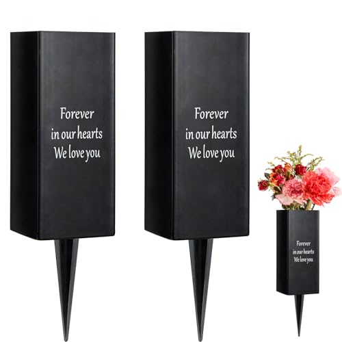Metal Cemetery Vase Flower Holder with Spikes in Ground Grave Vases for Gravesite Gravestone Memorial Grave Markers Cemetery Decorations (2Pcs, Black-Rectangular) - color: Black-rectangular