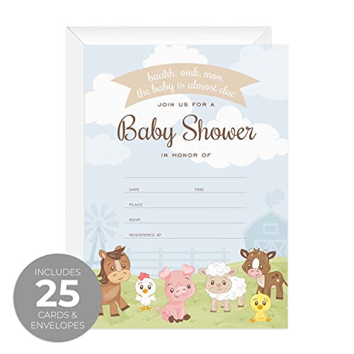 Canopy Street Barnyard Baby Shower Invites / 25 Cards With White Envelopes / 5" x 7" Farm Animal Invitations/Fill In Gender Neutral Country Baby Cards/Made In The USA - color: Barnyard