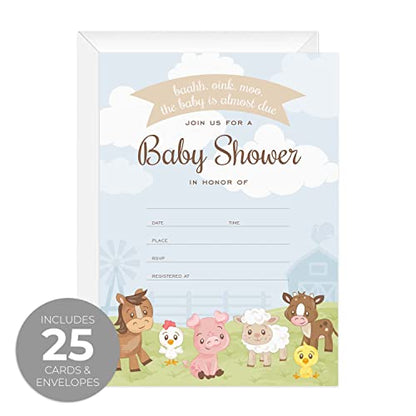 Canopy Street Barnyard Baby Shower Invites / 25 Cards With White Envelopes / 5" x 7" Farm Animal Invitations/Fill In Gender Neutral Country Baby Cards/Made In The USA - color: Barnyard