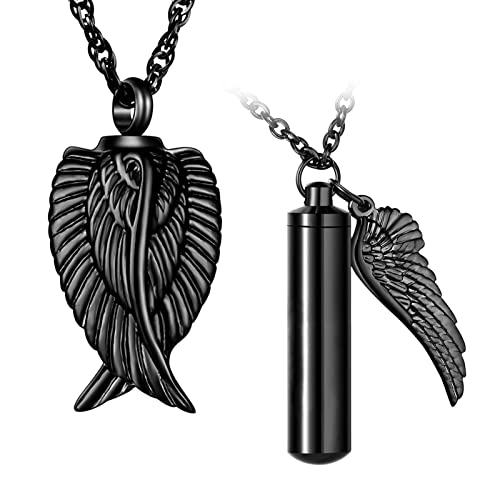 Dletay Angel Wing Cremation Necklace for Ashes Cylinder Cremation Urn Necklace for Ashes Memorial Keepsake Pendant with Angel Wing Stainless Steel Remembrance Jewelry