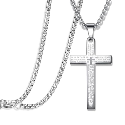 Silver deer【Hypoallergenic & lightweight Cross Necklace【does not rust or discolour】 for Women or Men Stainless Steel Pendant Lord's Prayer Bible Verse【2in DIY extension】 Chain 22 Inch - color: silver