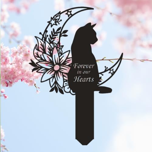 Cat Grave Marker Outdoor Memorial, 12in Metal Pet Memorial Plaque with Garden Moon Cat, Weatherproof Headstone for Yard or Indoor Tribute