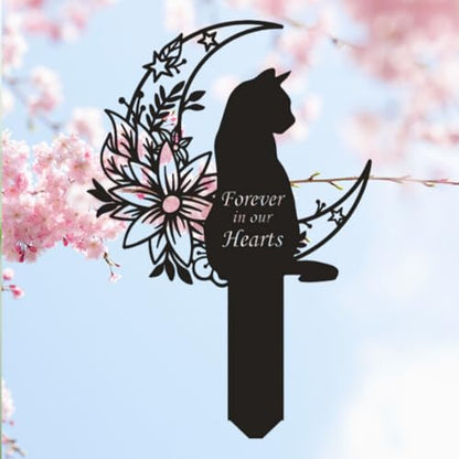 Cat Grave Marker Outdoor Memorial, 12in Metal Pet Memorial Plaque with Garden Moon Cat, Weatherproof Headstone for Yard or Indoor Tribute