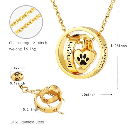 Cremation Jewelry for Ashes Pendant Dog/Cat Funeral Keepsake Urn Necklace Paw Print Memorial Necklace Forever in My Heart,No Longer by My Side Pet - color: Gold