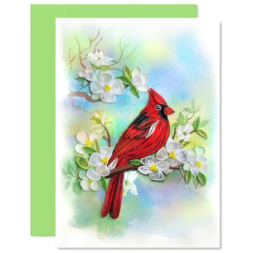 KingKraft Quilling Card- Handcrafted Greeting Card for All Occasions, Cardinal and Dogwood Card for Birthday, Anniversary, Thinking of You, Get Well, Valentines Day, Mothers Day Card, Blank Inside - color: Cardinal