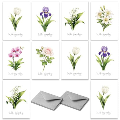 10 Sympathy Greeting Cards with Envelopes, Multipack of Think You Bulk Notecards, Blank Inside for Handwritten Message, Condolences, Bereavement, Mixed Delicate Designs, Eco-friendly