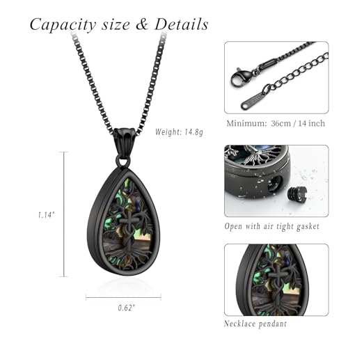 XSMZB Tree of Life Teardrop Cremation Jewelry for Human Pet Ashes Cross Urn Necklace for Ashes of Loved One Keepsake Pendant - color: Black