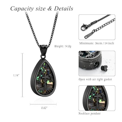 XSMZB Tree of Life Teardrop Cremation Jewelry for Human Pet Ashes Cross Urn Necklace for Ashes of Loved One Keepsake Pendant - color: Black