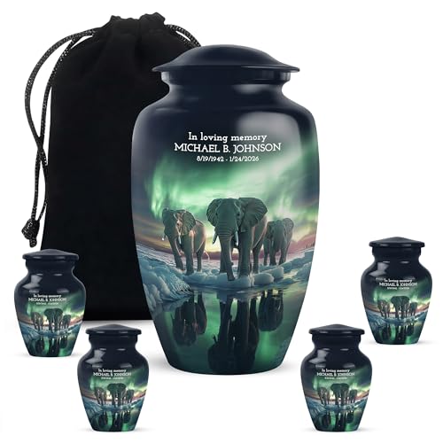 Elephant Personalised Urns Combo of 5 for Dad Ashes (1 Large, 4 Keepsakes) | Custom Message Decorative Cremation Green Urns for Father Burial Ashes - color: Elephant-2, size: 10 Inch & keepsake-4