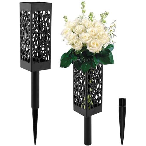 2pcs Cemetery Artificial Flower Vase with Stake, Plastic Grave Vases Flower Holder, Outdoor Tombstone Flowers Marker Memorials Sympathy for Graveyard Headstone, No Foam