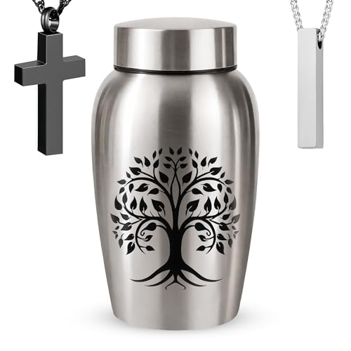 Stainless Steel Silver Urn for Ashes Adult Male & Female, Cremation urns for Human Ashes Man & Women, Set of 3 Includes 1 Large Urn & 1 Silver & Black Cross Necklace- Tree of Life - color: Stainless Steel Tree of Life Urn - Single Urn