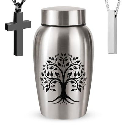 Stainless Steel Silver Urn for Ashes Adult Male & Female, Cremation urns for Human Ashes Man & Women, Set of 3 Includes 1 Large Urn & 1 Silver & Black Cross Necklace- Tree of Life - color: Stainless Steel Tree of Life Urn - Single Urn