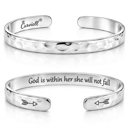 Bracelets for Women – 100+ Meaningful Engraved Messages – Solid 316L Surgical Stainless Steel Cuff Bracelet – Gift Ready - color: CHRISTIAN GIFT - God is within her, she will not fall.