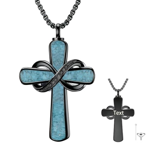 Turquoise Cross Urn Necklaces for Human Ashes 925 Sterling Silver Urn Necklaces Cremation Keepsake Memorial Pendant Necklace for Ashes for Loved One Human Pet - style: Infinity&Black-Text