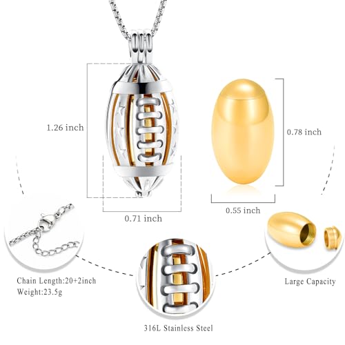 Oinsi American Football Cremation Locket Necklace For Ashes Of Loved Ones Stainless Steel Memorial Urn Jewelry Women Men Keepsake Fashion Necklace - color: Silver-Gold